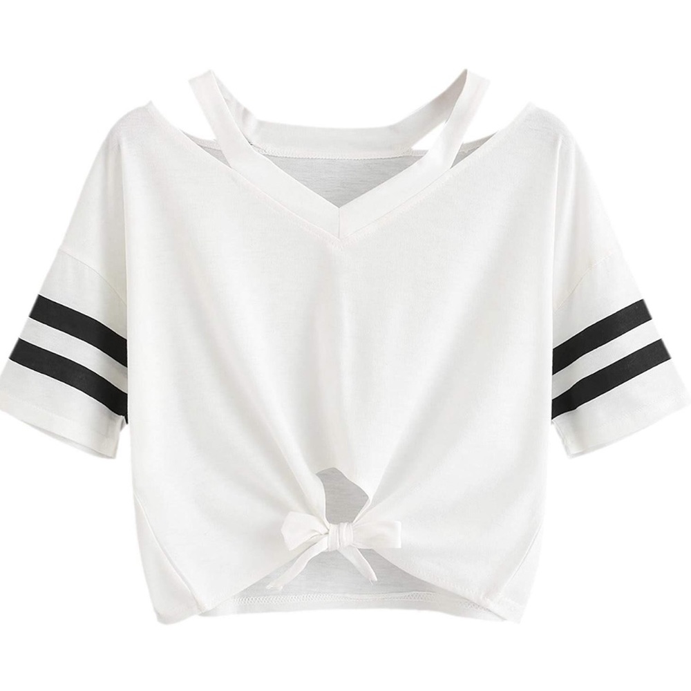 Striped Sleeve Front Tie Crop Top T-Shirt